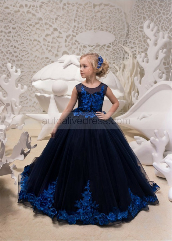 Navy Blue Beaded Lace Tulle Long Flower Girl Dress Pageant Dress